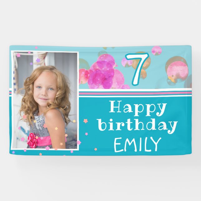 Banderoles Bleu rose mignon bulles Girl Photo Anniversaire (Horizontal)