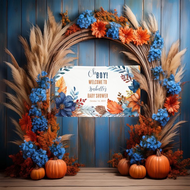 Banderoles Bleu | Terracotta Oh Boy Fall Baby shower Floral (Boho Blue and Terracotta Fall |  Autumn Floral "Oh Boy!" Baby Shower Banner)