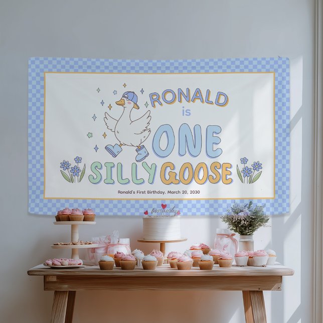 Banderoles Bleu Un Silly Goose - Toile de fond pour premier a (Blue One Silly Goose - Retro style Girl First Birthday Backdrop Banner- 1st Birthday decor.)