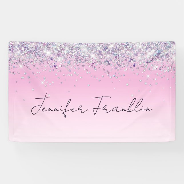 Banderoles Bling Pailleté Holographique Écriture Rose (Horizontal)