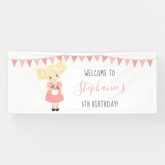 Banderoles Blonde mignonne Anniversaire fille et chiot (Horizontal)