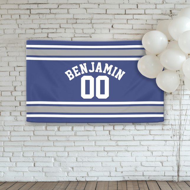 Banderoles Blue and Silver Sports Jersey Nom personnalisé Num (Custom Birthday Banner)