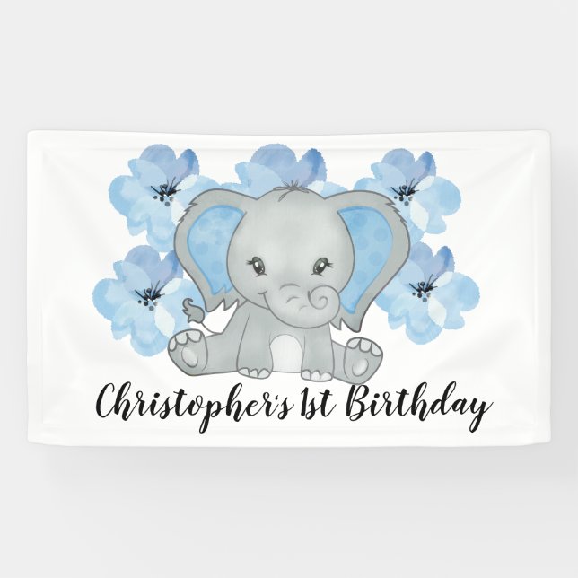 Banderoles Blue Baby Boy Elephant Fleurs Anniversaire (Horizontal)