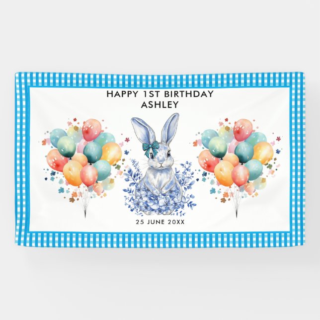 Banderoles Blue Floral Rabbit 1er anniversaire pour les enfan (Horizontal)