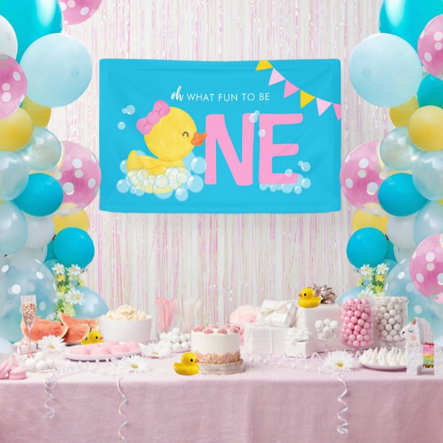 Banderoles Blue Girl Aquarelle Canard Oh Quel Amusant Une Fêt (Girl Rubber Ducky What fun to be One Hanging Vinyl Birthday Banner Backdrop in Blue)