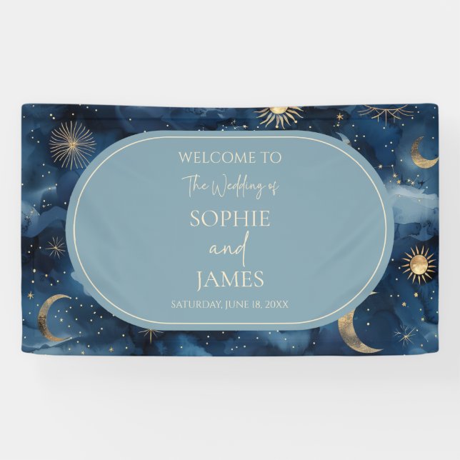 Banderoles Blue Gold Celestial Elegant Starry Sky Wedding (Horizontal)