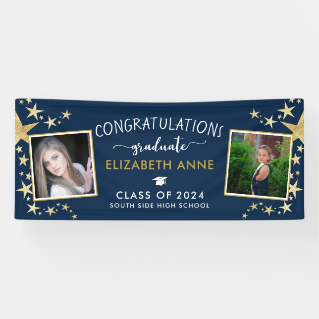 Banderoles Blue & Gold Stars Photo Congratulations Graduate (Horizontal)