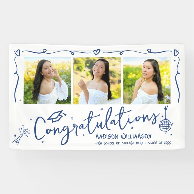 Banderoles Blue Hand Drawn Doodles Graduation 3 Photo White (Horizontal)