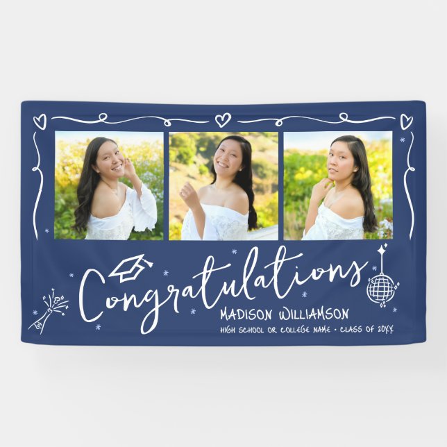 Banderoles Blue Hand Drawn Style Doodles Graduation 3 Photo (Horizontal)