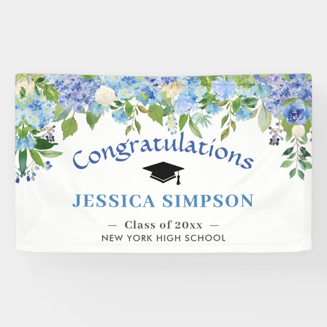 Banderoles Blue Hydrangeas Floral Graduation Class of 2024 (Horizontal)