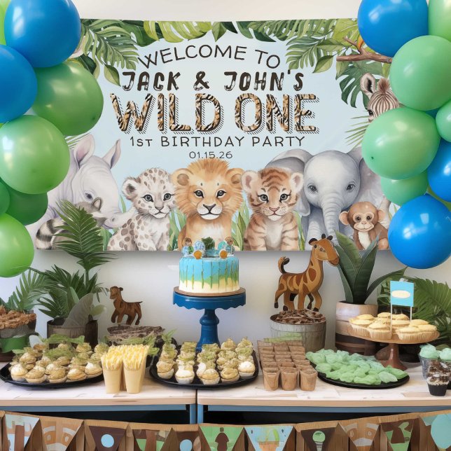 Banderoles Blue Safari Twins Wild Ones 1er anniversaire Bienv (Blue Wild One 1st birthday banner and backdrop.)