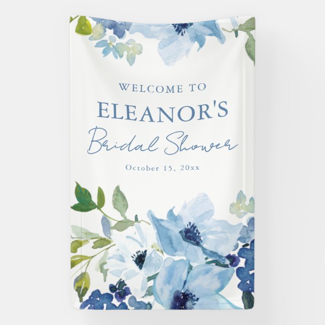 Banderoles Blue Watercolor Botanical Custom Shower Welcome (Verticale)