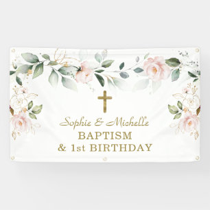 Banderoles Blush Floral Green Gold Leave Baptism Affiche de b