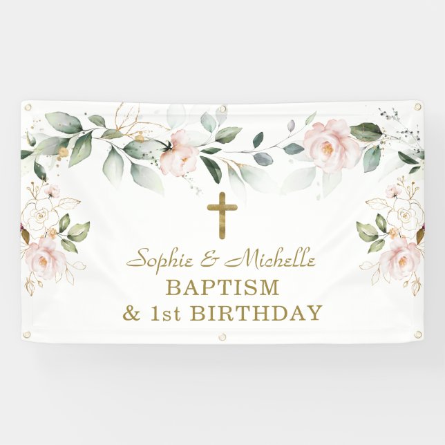 Banderoles Blush Floral Green Gold Leave Baptism Affiche de b (Horizontal)