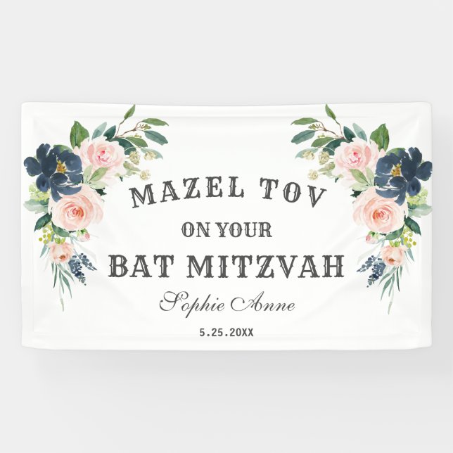 Banderoles Blush Navy Blue Flowers Bat mitzvah Affiche de bie (Horizontal)