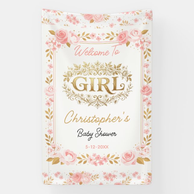 Banderoles Blush Pink & Gold Floral Girl Baby Shower (Verticale)