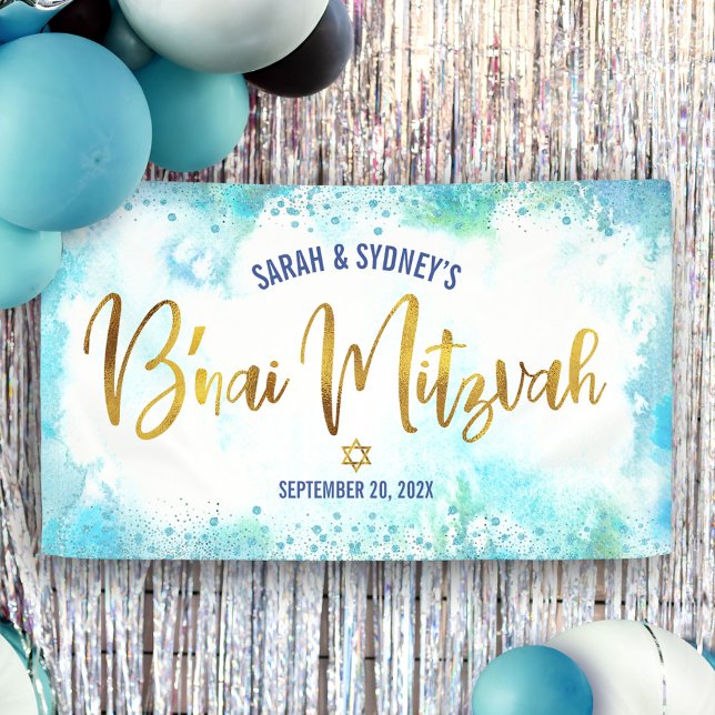 Banderoles B'nai Mitzvah Turquoise Aquarelle Gold Script (Créateur téléchargé)