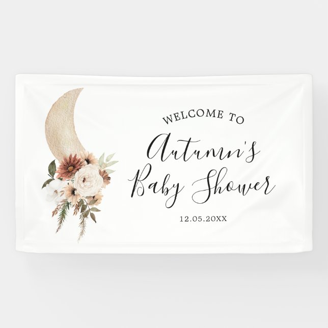 Banderoles Boho Beige Moon Floral Baby Shower Large Banner (Horizontal)