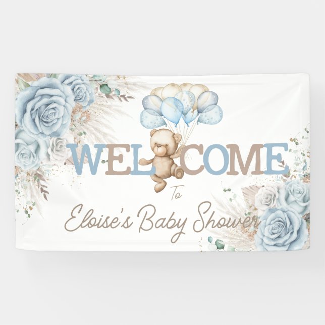 Banderoles Boho Blue Floral Pampas Baby shower Ours Bienvenue (Horizontal)