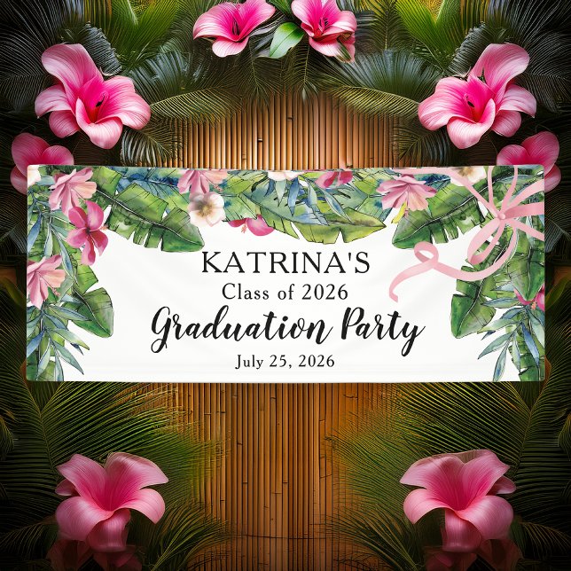 Banderoles Boho Green Feuilles | Pink Hibiscus Graduus Party (Boho Green Tropical Leaves Pink Hibiscus Graduation Party Banner - Great for Beach and Pool Parties)