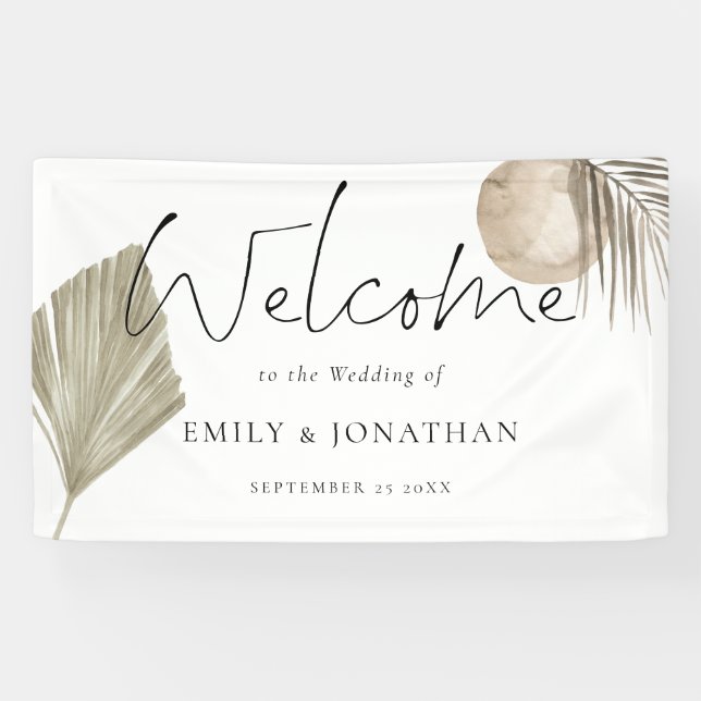 Banderoles Boho Pampas Grass Bienvenue Mariages Noms Date (Horizontal)