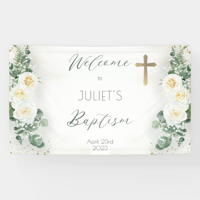 Banderoles Boho Rose florale Eucalyptus Baptême Bienvenue (Horizontal)