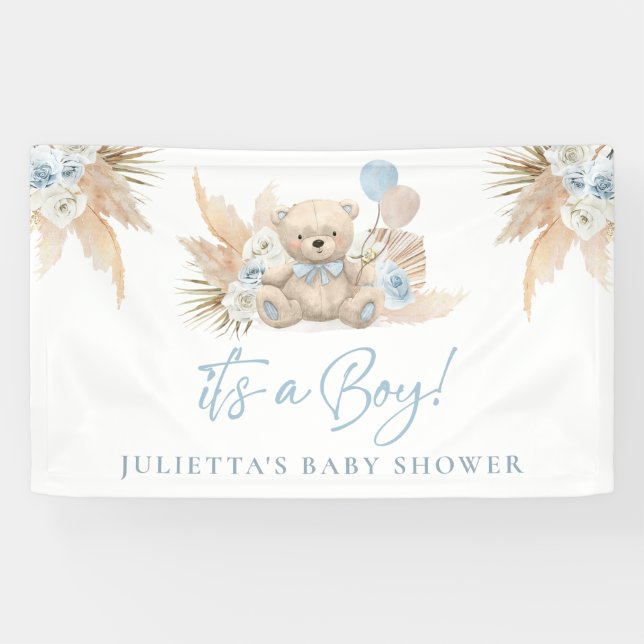 Banderoles Boho Teddy Bear Boy Baby shower bleu Bienvenue (Horizontal)