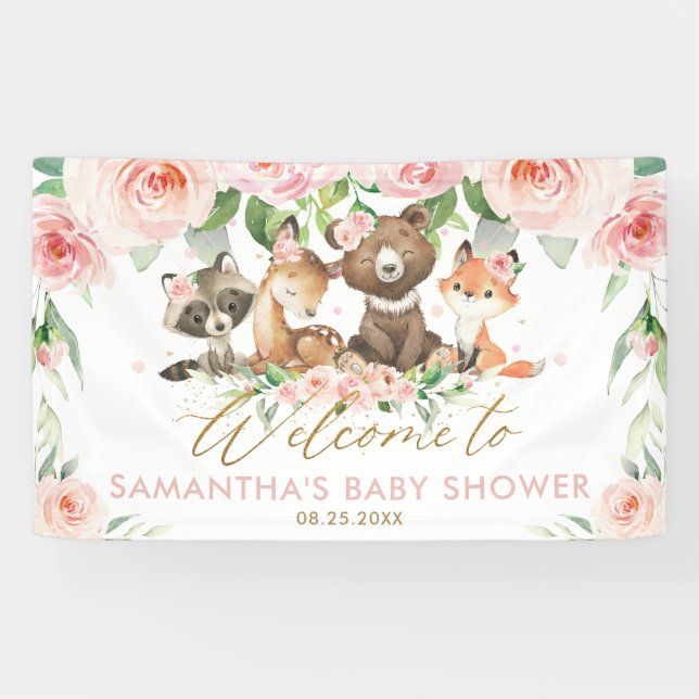 Banderoles Bois Animaux Baby shower Floral rose Fond  (Horizontal)