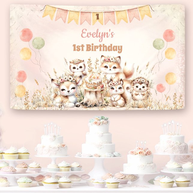 Banderoles Bois Animaux Boho Pastel Girl 1er anniversaire (Woodland Animals Boho Pastel Girl 1st Birthday Banner)