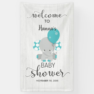 Banderoles Bois blanc et Baby shower éléphant Turquoise Bienv