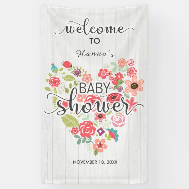Banderoles Bois blanc Floral Heart Girl Baby shower Bienvenue (Vertical)
