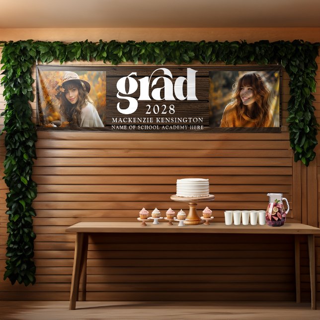 Banderoles Bois rustique Graduation 2 Photo Long (Rustic Wood Graduation 2 Photo Long Banner)