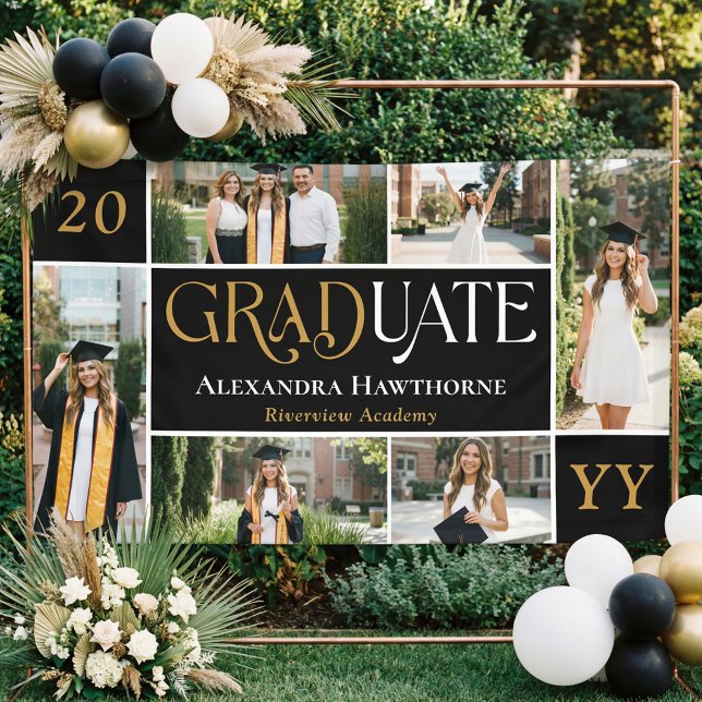 Banderoles Bold Black Graduate Celebration Grad Photo Collage (Bold Black Graduate Celebration Grad Photo Collage Banner)