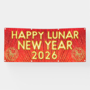 Banderoles Bonne année lunaire 2026 Cheval Rouge Or Vinyle