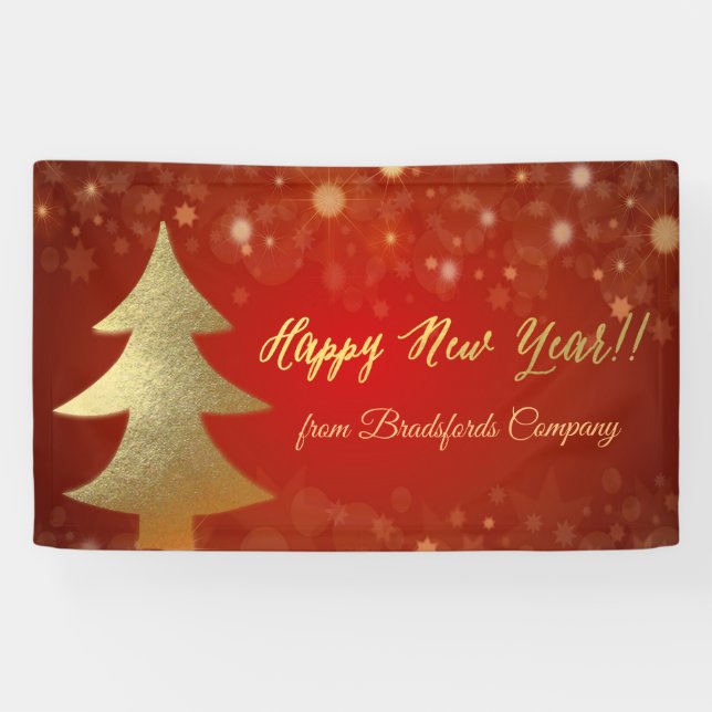 Banderoles Bonne année, Rouge, Arbre de Noël Or (Horizontal)