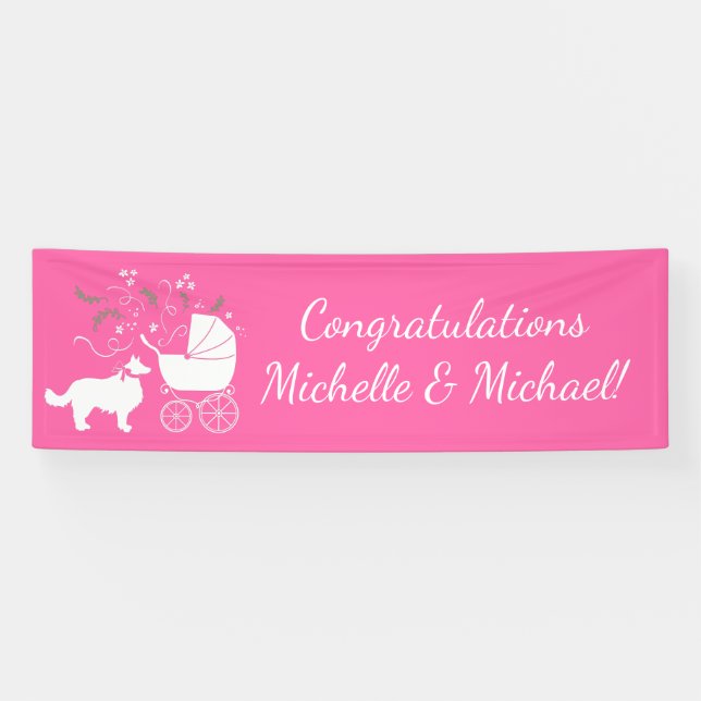 Banderoles Bordure Collie Chien Baby shower Chien Chiot Rose  (Horizontal)