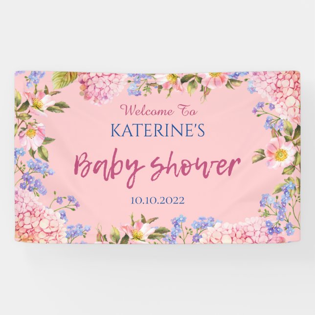 Banderoles Bordure florale sur fond rose Bienvenue Baby Showe (Horizontal)