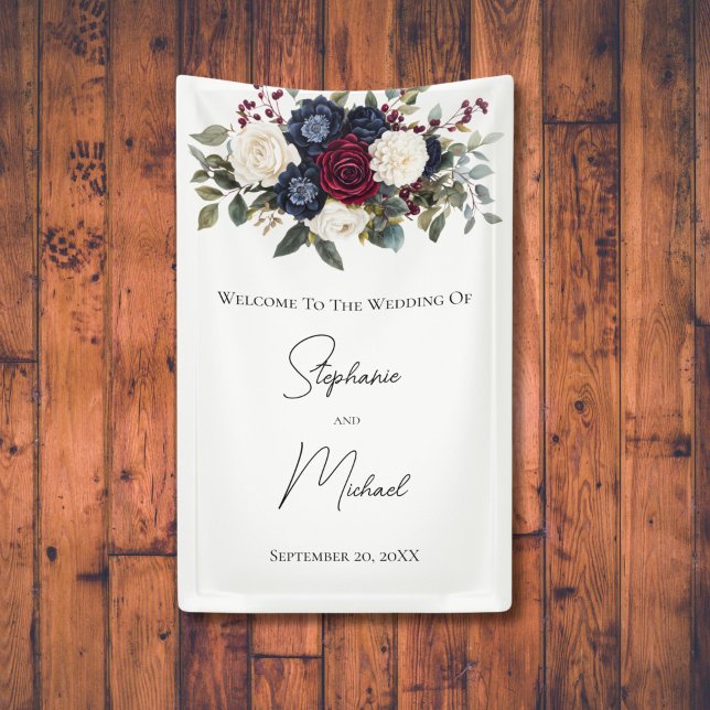 Banderoles Bourgogne Bleu Nuit Blanc Fleurs Élégant Mariage (Burgundy Navy Blue Cream White Floral Wedding Banner Tapestry. )