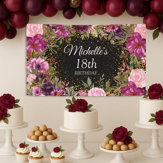 Banderoles Bourgogne rose Parties scintillant florale Noir 18 (Pink and black floral 18th birthday banner)