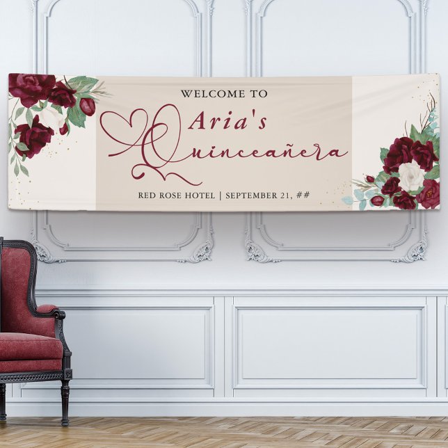 Banderoles Bourgogne Rouge ivoire Floral Rose Quinceanera Bie (Quinceanera welcome banner with sweet calligraphy and burgundy red rose blooms)