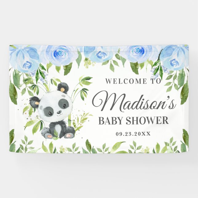 Banderoles Boy Panda Blue Floral Greenery Bamboo fond (Horizontal)