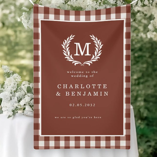Banderoles Brown En vichy Monogram Crest Mariage Bienvenue (Brown Gingham Monogram Crest Wedding Welcome Banner)