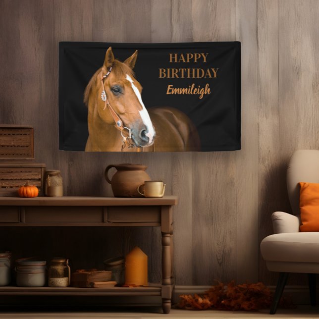 Banderoles Brown Quarter Cheval Noir Joyeux anniversaire ("Happy Birthday" Quarter-horse photo banner)