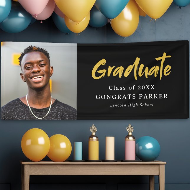 Banderoles Brush moderne noir & or Script photo Graduation (Black & Gold Modern Brush Script Photo Graduation Banner)