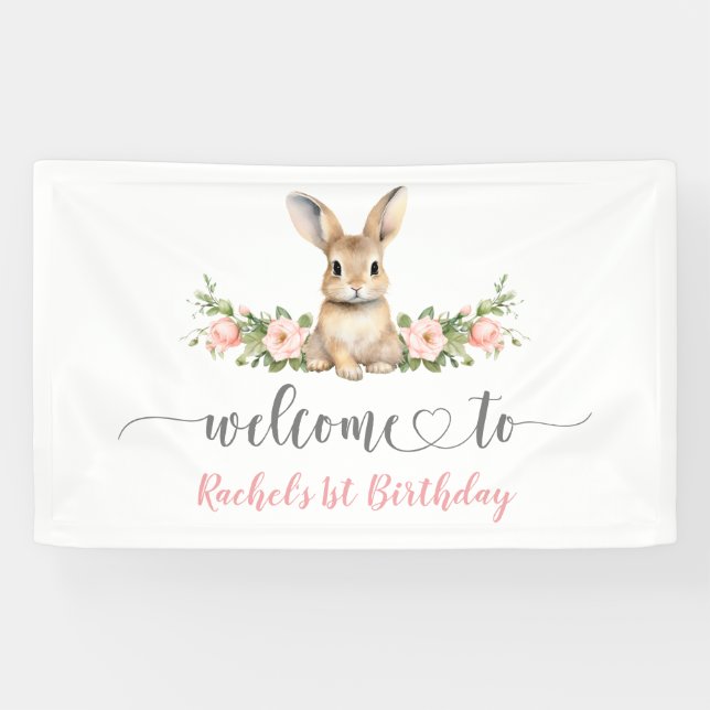 Banderoles Bunny de printemps rose 1er anniversaire Bienvenue (Horizontal)