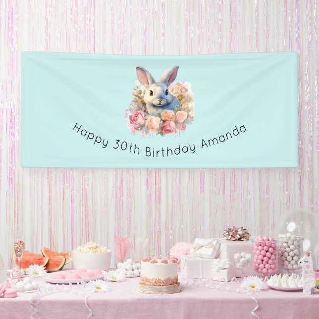 Banderoles Bunny with a Garland of Roses Cute Birthday (Fête)