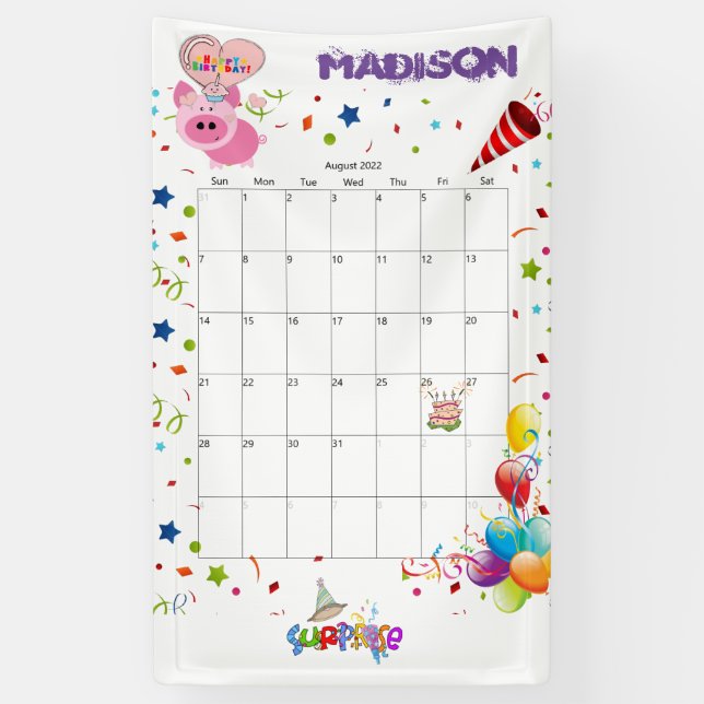 Banderoles Calendrier d'anniversaire Vinyl Happy août 2022 Ba (Vertical)