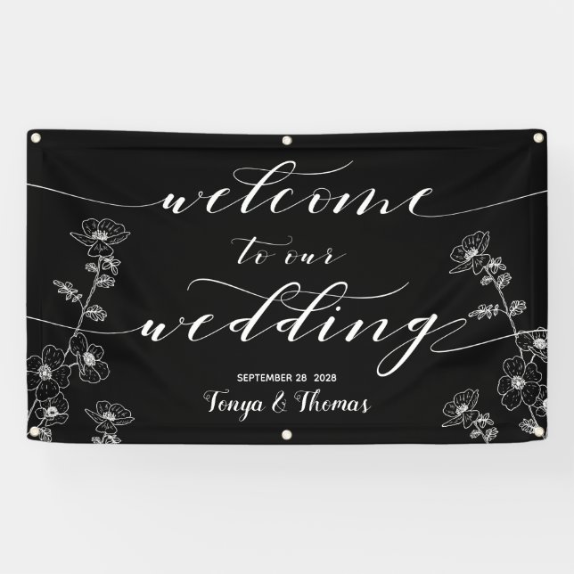 Banderoles Calligraphie blanche Floral Black Welcome Mariage (Horizontal)