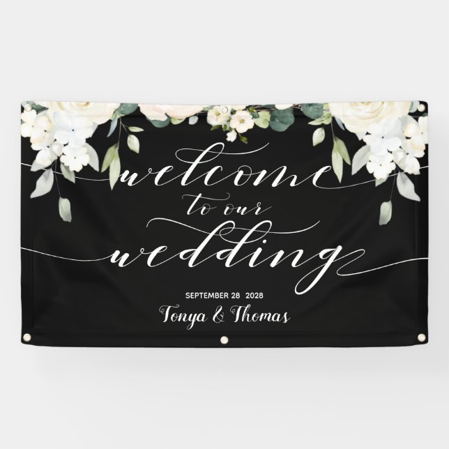 Banderoles Calligraphie blanche Peony Black Welcome Notre Mar (Horizontal)