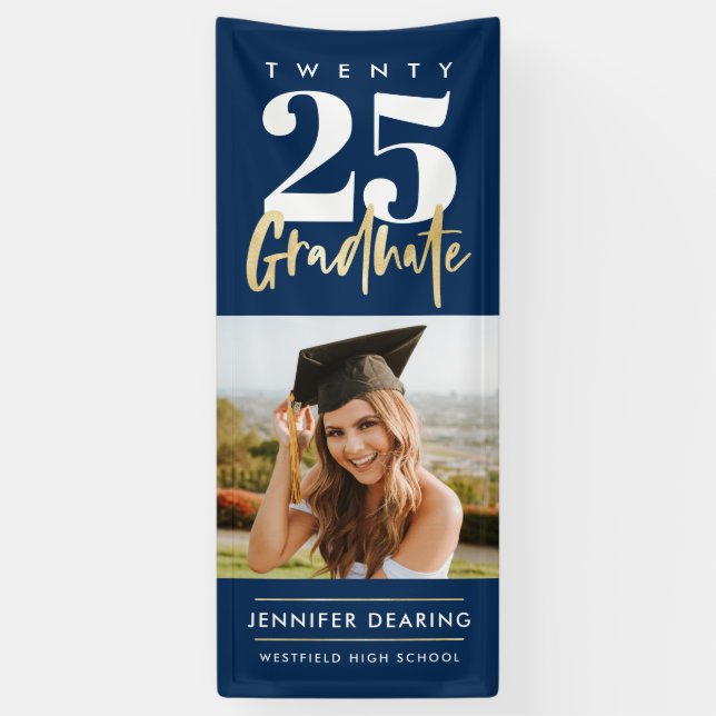Banderoles Calligraphie Or moderne Photo Bleu Graduation (Vertical)